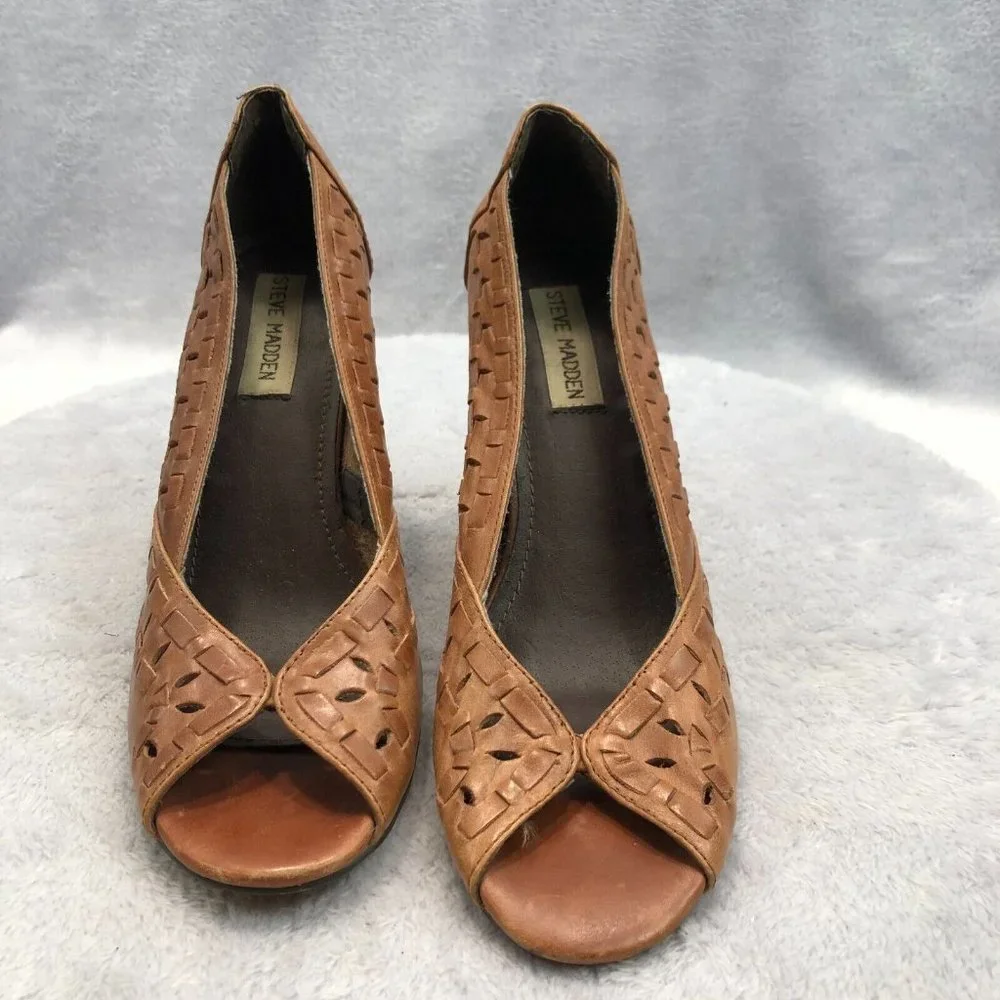 Steve Madden Brown Woven Leather Peep Toe Wedge Heels